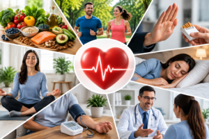 Healthy heart habits including balanced diet, exercise, stress management, good sleep, avoiding smoking, and blood pressure monitoring