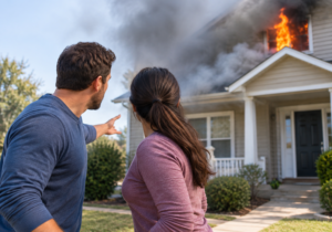 Fire emergency safety showing two adults checking a burning house from a safe distance before helping