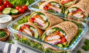 Turkey or chicken wraps with fresh vegetables and whole wheat tortillas for a healthy high protein meal prep lunch