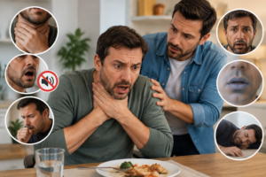 Person showing signs of choking while another person provides help during an emergency situation