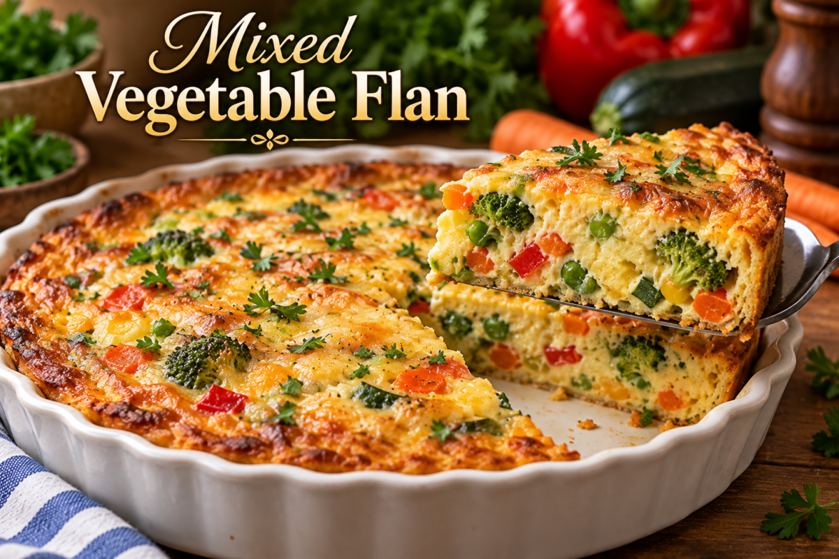 Homemade Vegetable Flan with mixed vegetables and golden cheese topping