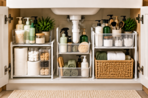 Small bathroom organization under sink storage with clear containers and bathroom essentials