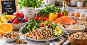 Balanced healthy plate with grilled chicken quinoa vegetables salad and fresh fruit