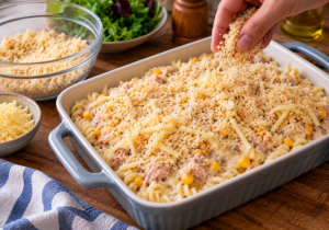 Cheese and breadcrumbs being scattered over creamy tuna pasta bake