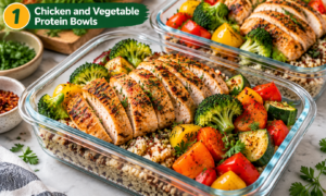 Chicken and vegetable protein bowls with grilled chicken, quinoa, broccoli, and roasted vegetables for healthy meal prep
