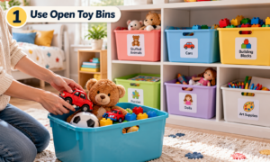 Use open toy bins for kids' room toy organization