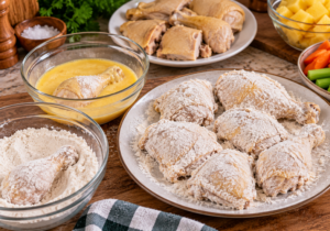 Chicken pieces coated with egg and flour for Pineapple Chicken