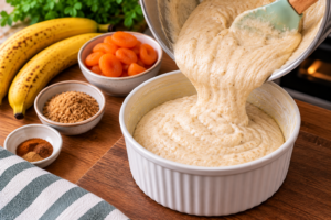 Banana Soufflé mixture being poured into a greased soufflé dish