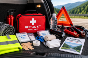 Car first aid kit with emergency supplies including bandages, flashlight, water, warning triangle, and roadside safety items