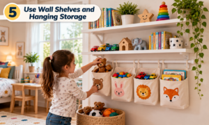 Use wall shelves and hanging storage for toy organization in kids' rooms