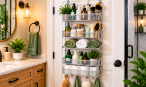 Small bathroom organization behind the door storage with bathroom organizer rack