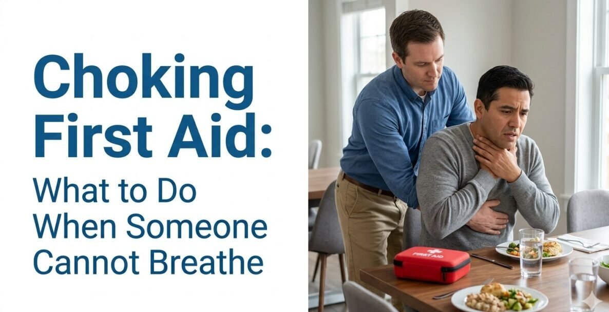 Choking First Aid guide showing how to help someone during an airway emergency