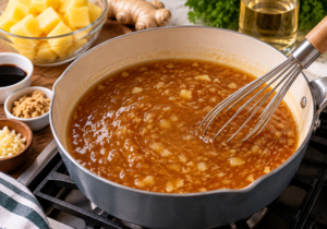 Sweet and tangy sauce being prepared for Pineapple Chicken