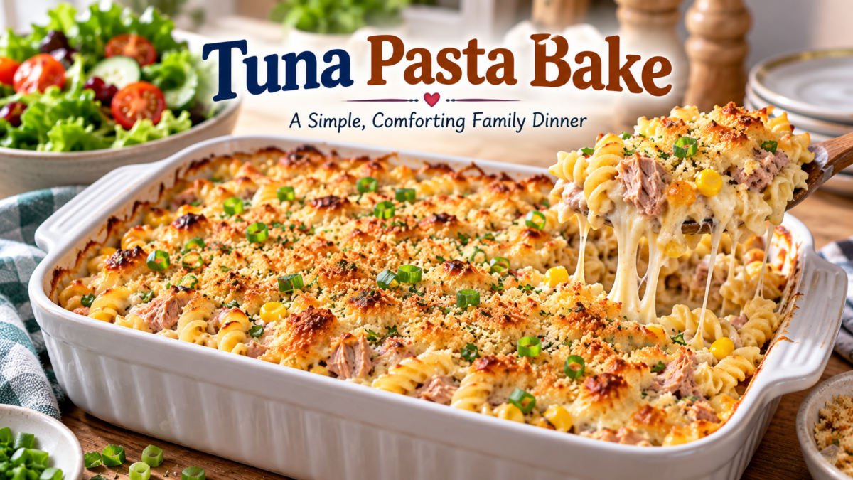 Creamy Tuna Pasta Bake with sweetcorn and golden cheese topping