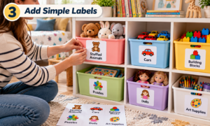 Add simple labels to kids toy storage bins