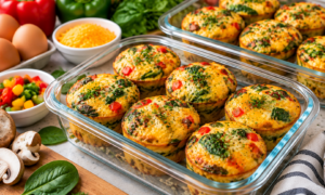 Egg muffins with vegetables, spinach, peppers, and mushrooms for a healthy high protein breakfast meal prep