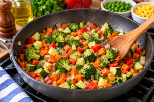 Mixed vegetables cooking in a skillet for Vegetable Flan