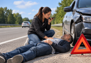 Road accident first aid showing a woman checking an injured man for responsiveness and breathing beside a damaged car