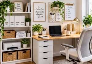 organized home office desk with storage shelves and laptop