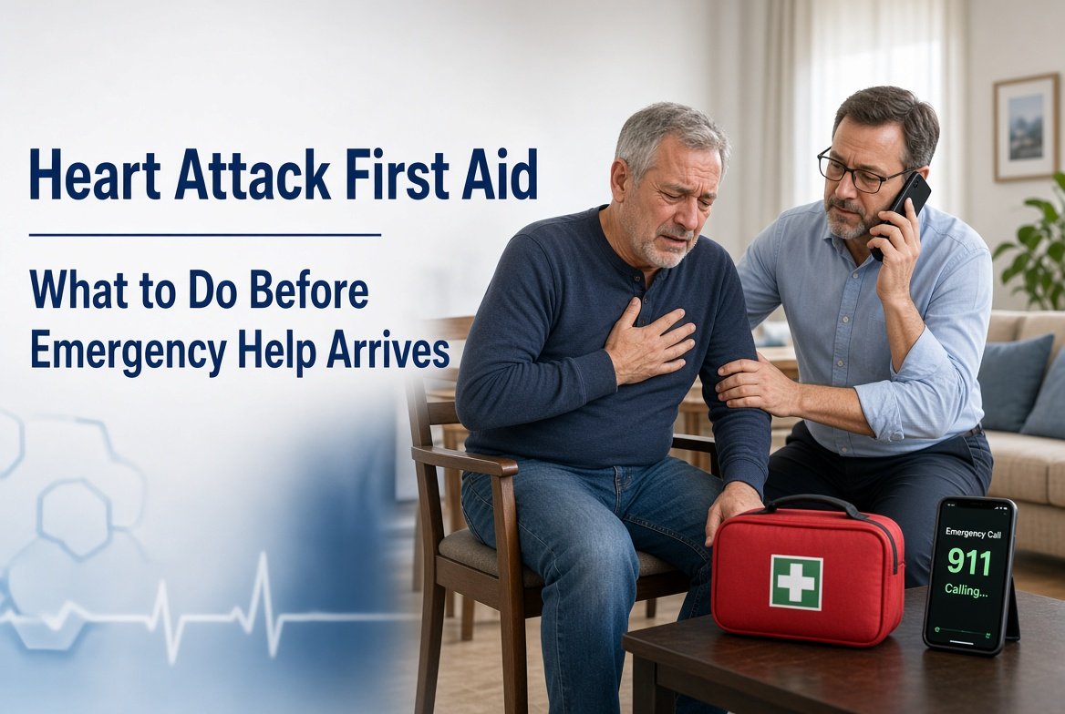 Heart Attack First Aid guide showing a man receiving emergency help before medical assistance arrives