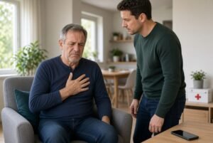 Heart Attack First Aid showing a man experiencing chest pain symptoms during an emergency
