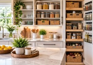 Neatly organized kitchen cabinets with dishes, containers, and everyday essentials arranged for easy access.